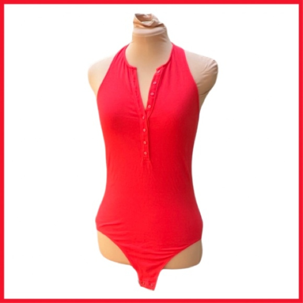 Express (Medium) Coral-Red Halter Button-Front Bodysuit